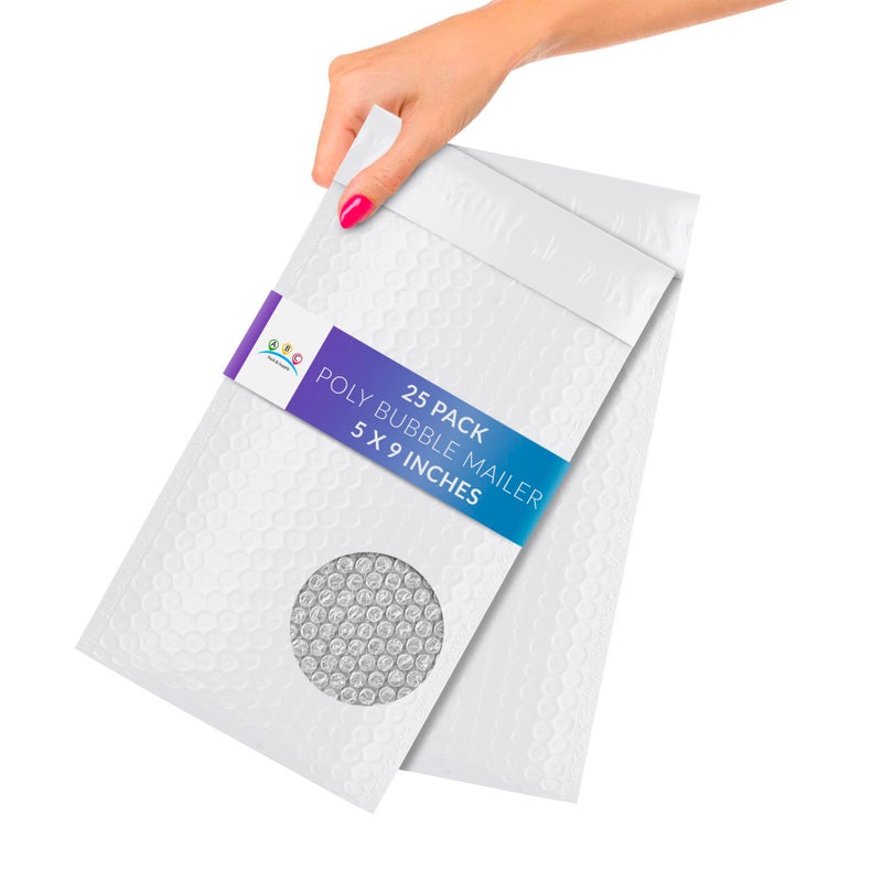 ABC PACK & SUPPLY White Poly Bubble Mailers, 5 x 9 Inches. Pack of 25 Padded Envelopes Self Seal. Cushioning Plastic Bubble Envelopes. Self-Adhesive Padded Shipping Bags for Small Business - Image 1